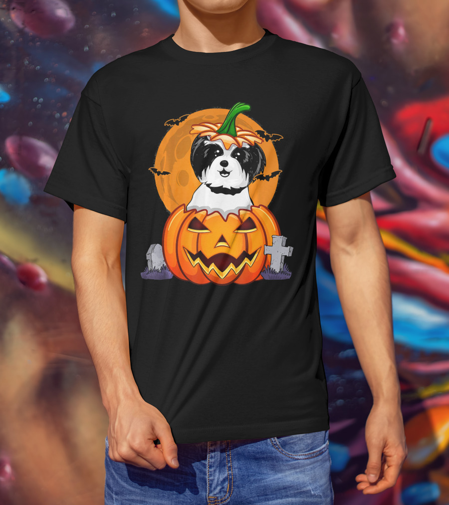 Funny Shih Tzu Pumpkin Halloween Moon Bats Graveyard T-Shirt