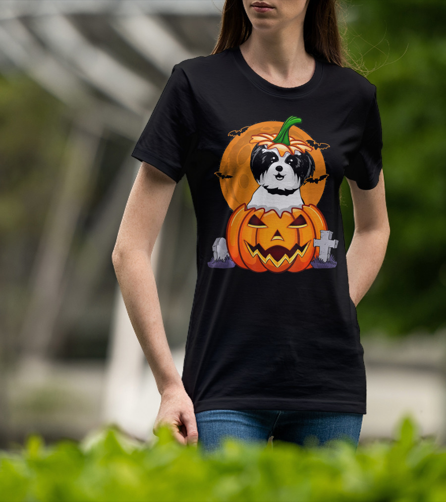 Funny Shih Tzu Pumpkin Halloween Moon Bats Graveyard T-Shirt