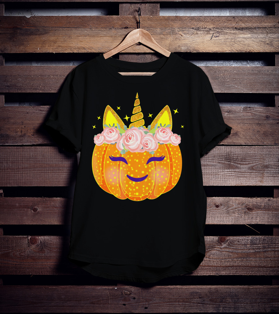 Smiling Unicorn Pumpkin With Flowers And Stars T-Shirt