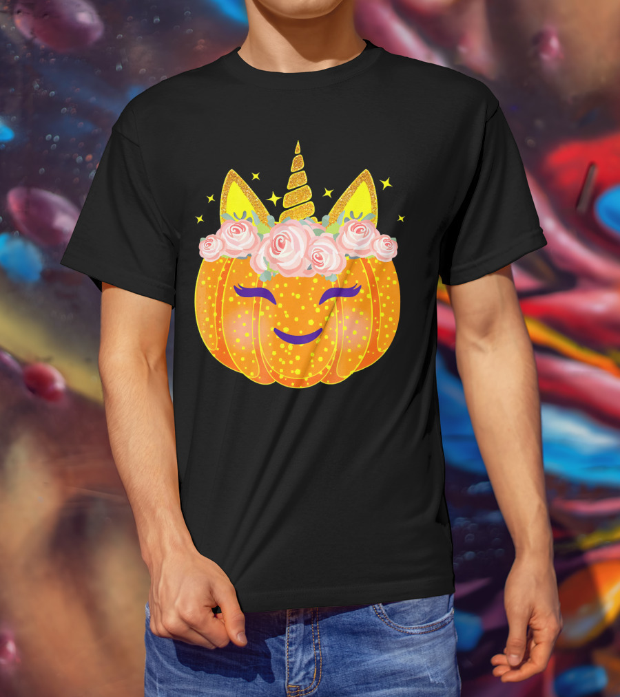 Smiling Unicorn Pumpkin With Flowers And Stars T-Shirt