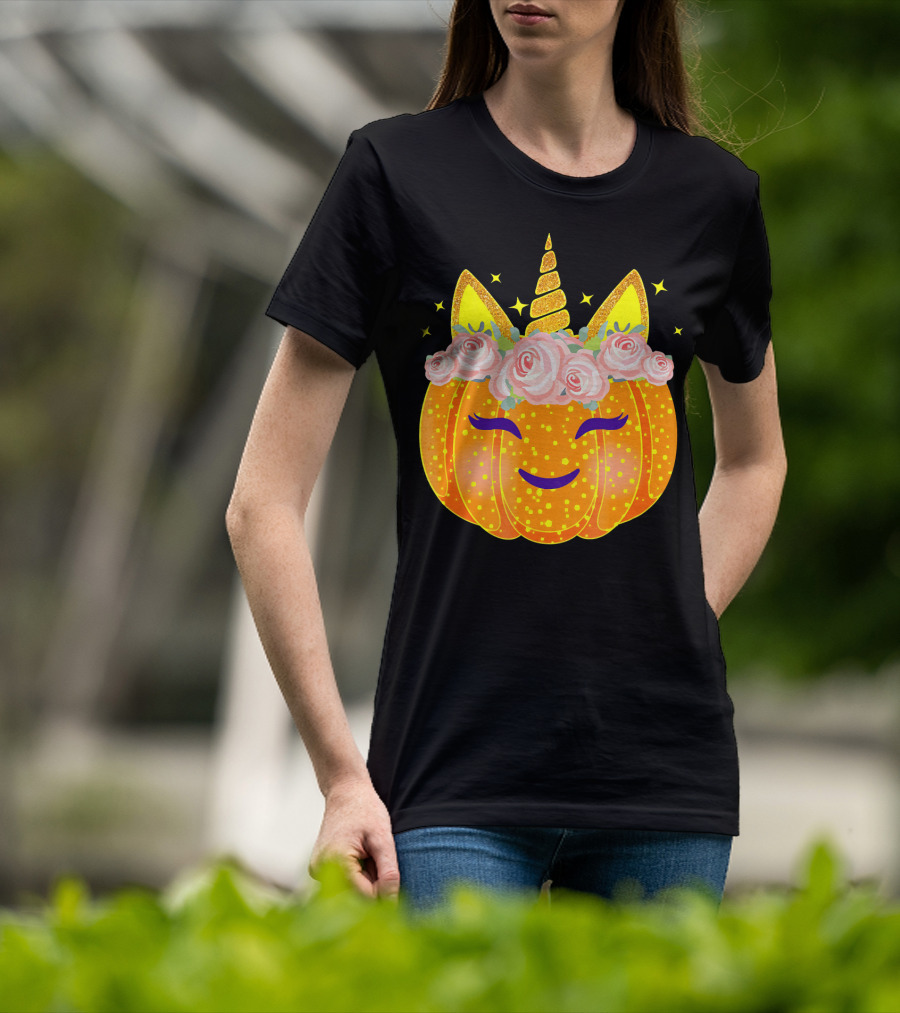 Smiling Unicorn Pumpkin With Flowers And Stars T-Shirt