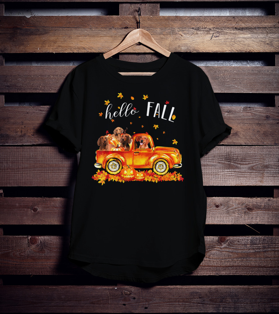 Hello Fall Dachshund Pumpkins Leaves Truck T-Shirt