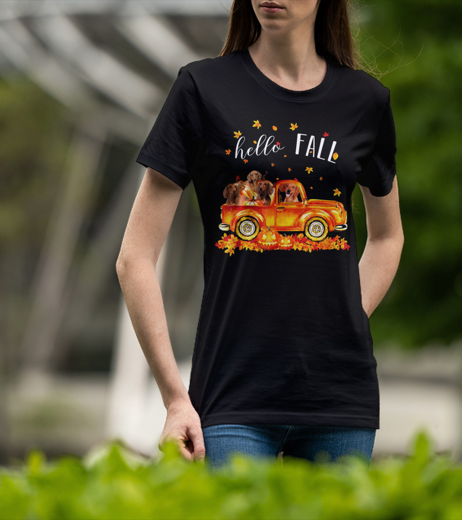 Hello Fall Dachshund Pumpkins Leaves Truck T-Shirt
