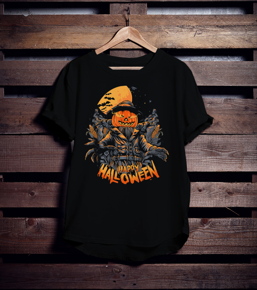 Happy Halloween Pumpkin Horror Moonlit Scarecrow Cornfield T-Shirt
