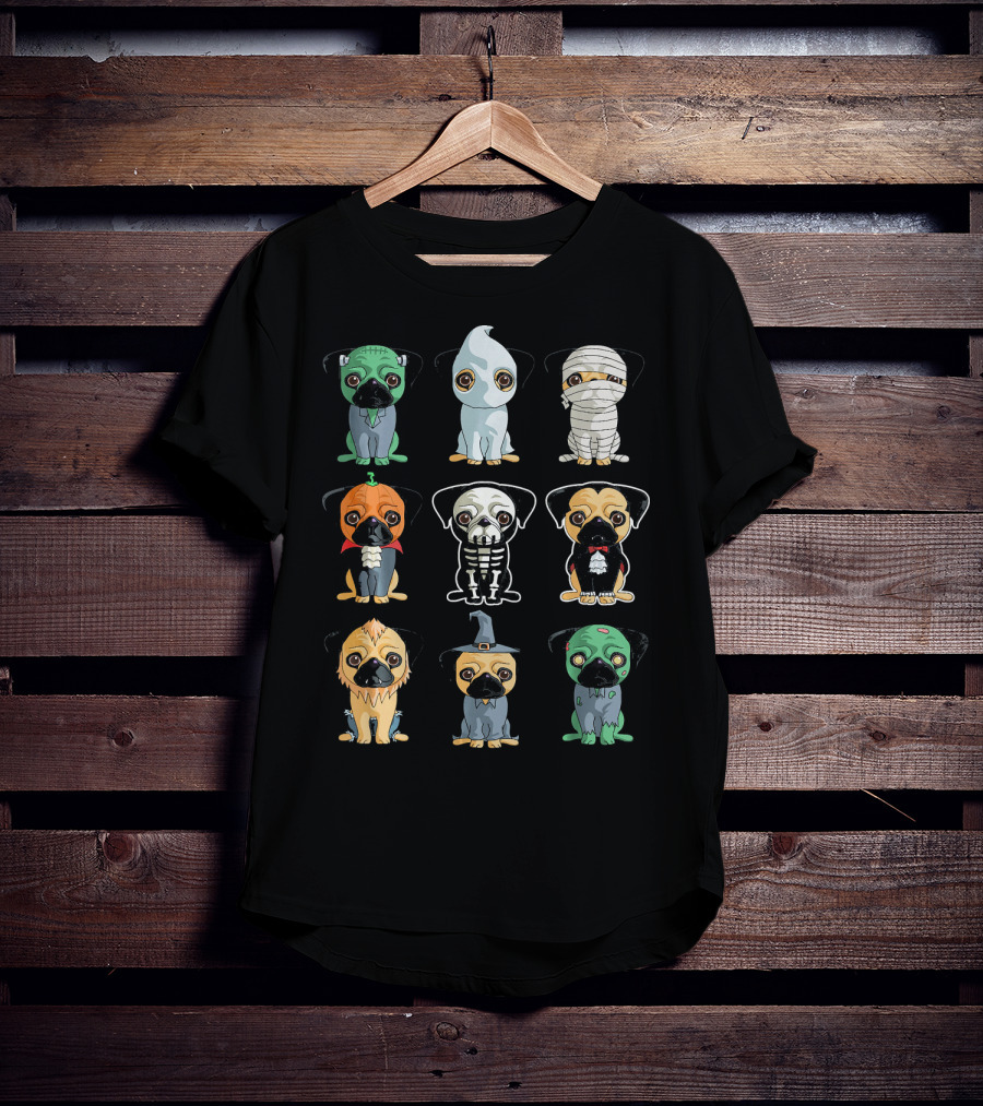 Cute Pugs Halloween Costumes Monster Ghost Mummy Vampire Skeleton Lion Wizard T-Shirt