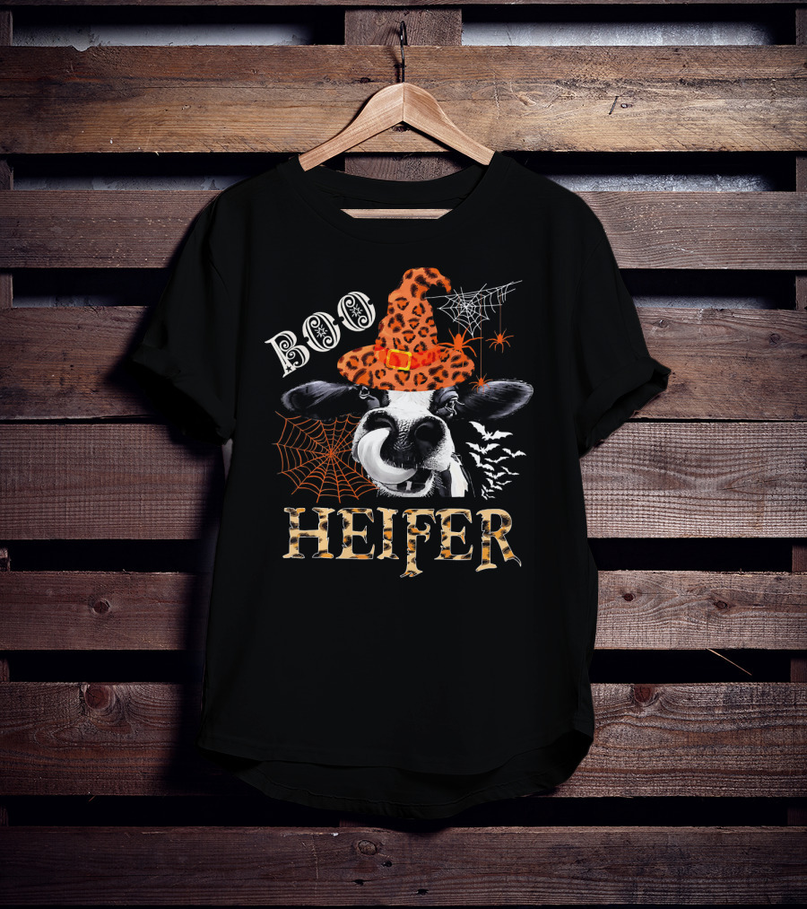 Boo Heifer Cute Leopard Cow Witch Halloween Spiders Bats Webs T-Shirt
