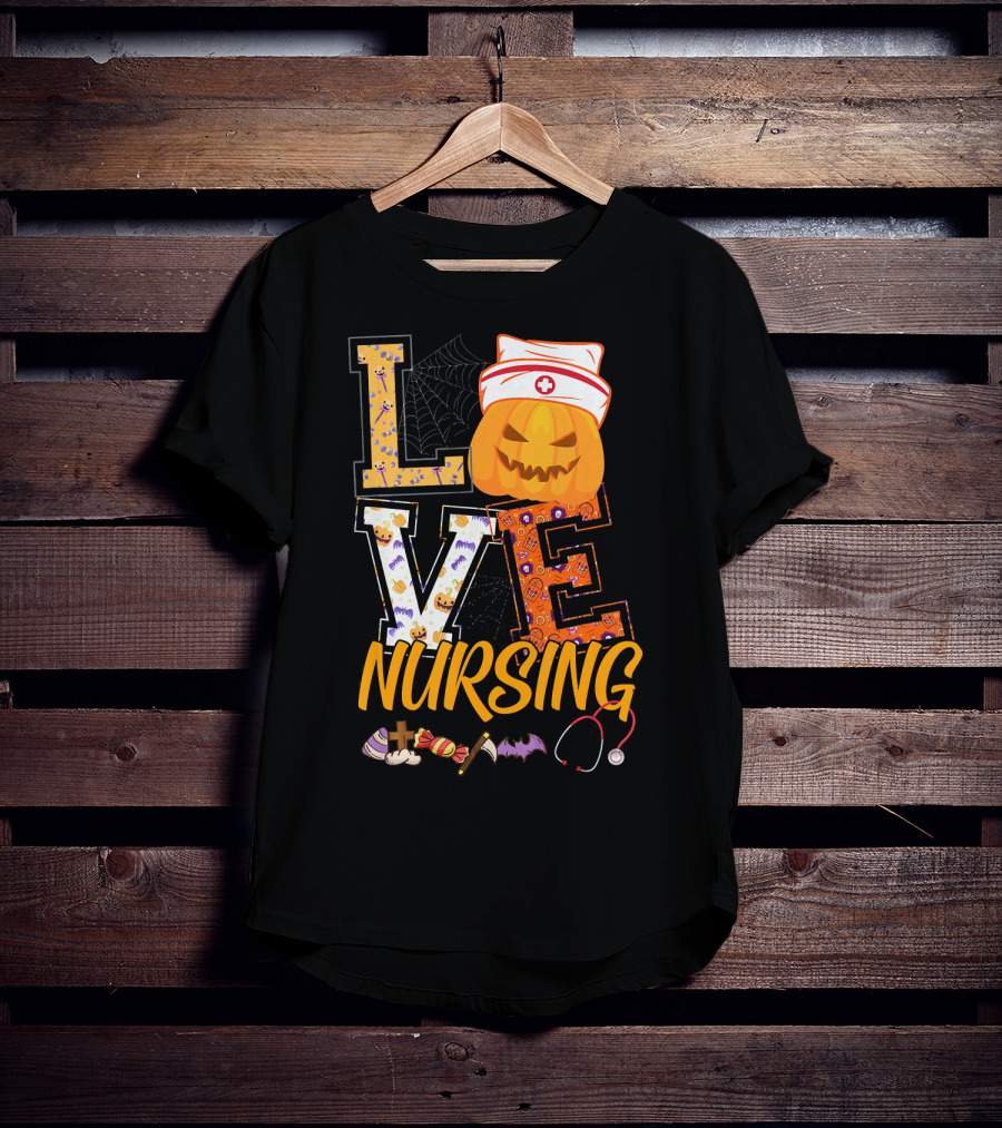 LOVE Nursing Pumpkin Halloween Nurse Stethoscope Spider Web Bat Candy T-Shirt