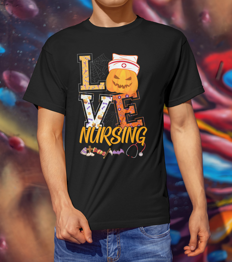 LOVE Nursing Pumpkin Halloween Nurse Stethoscope Spider Web Bat Candy T-Shirt