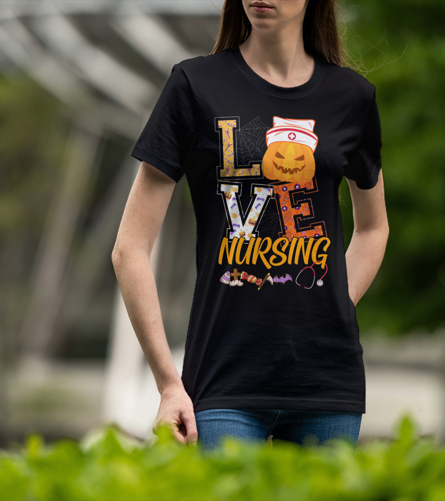 LOVE Nursing Pumpkin Halloween Nurse Stethoscope Spider Web Bat Candy T-Shirt
