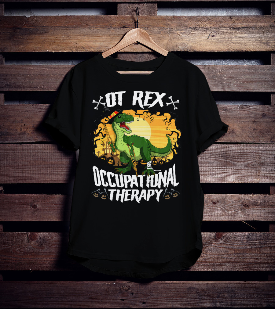 OT Rex Occupational Therapy Halloween Dinosaur With Crutches And Bandages T-Shirt