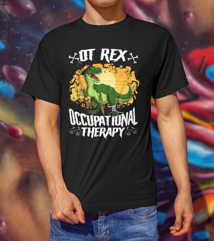 OT Rex Occupational Therapy Halloween Dinosaur With Crutches And Bandages T-Shirt