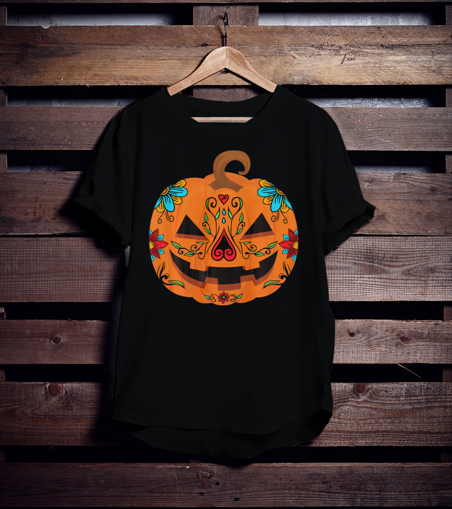 Pumpkin Sugar Skull Halloween Jack-O'-Lantern Floral T-Shirt