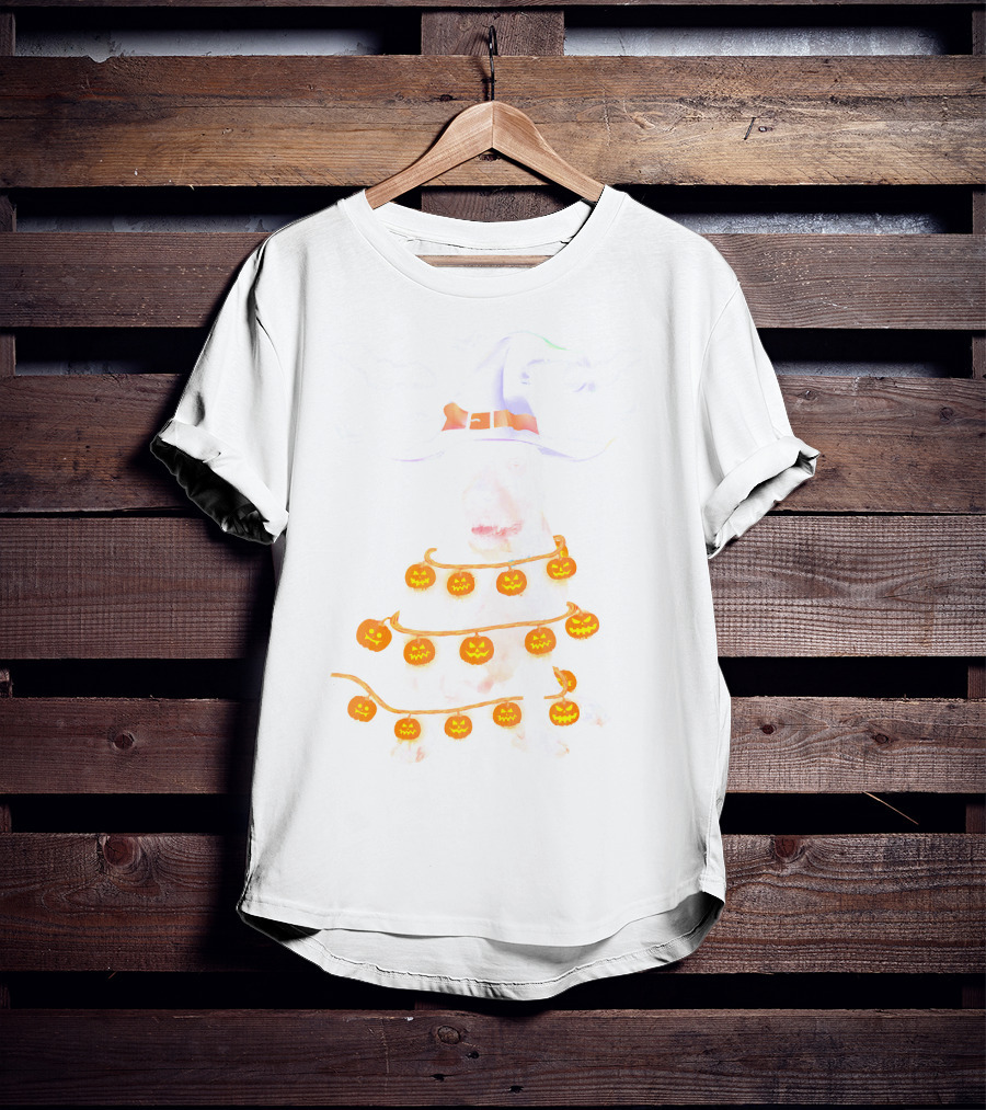 Pitbull Wrapped In Pumpkin Lights With Witch Hat And Bats Halloween T-Shirt