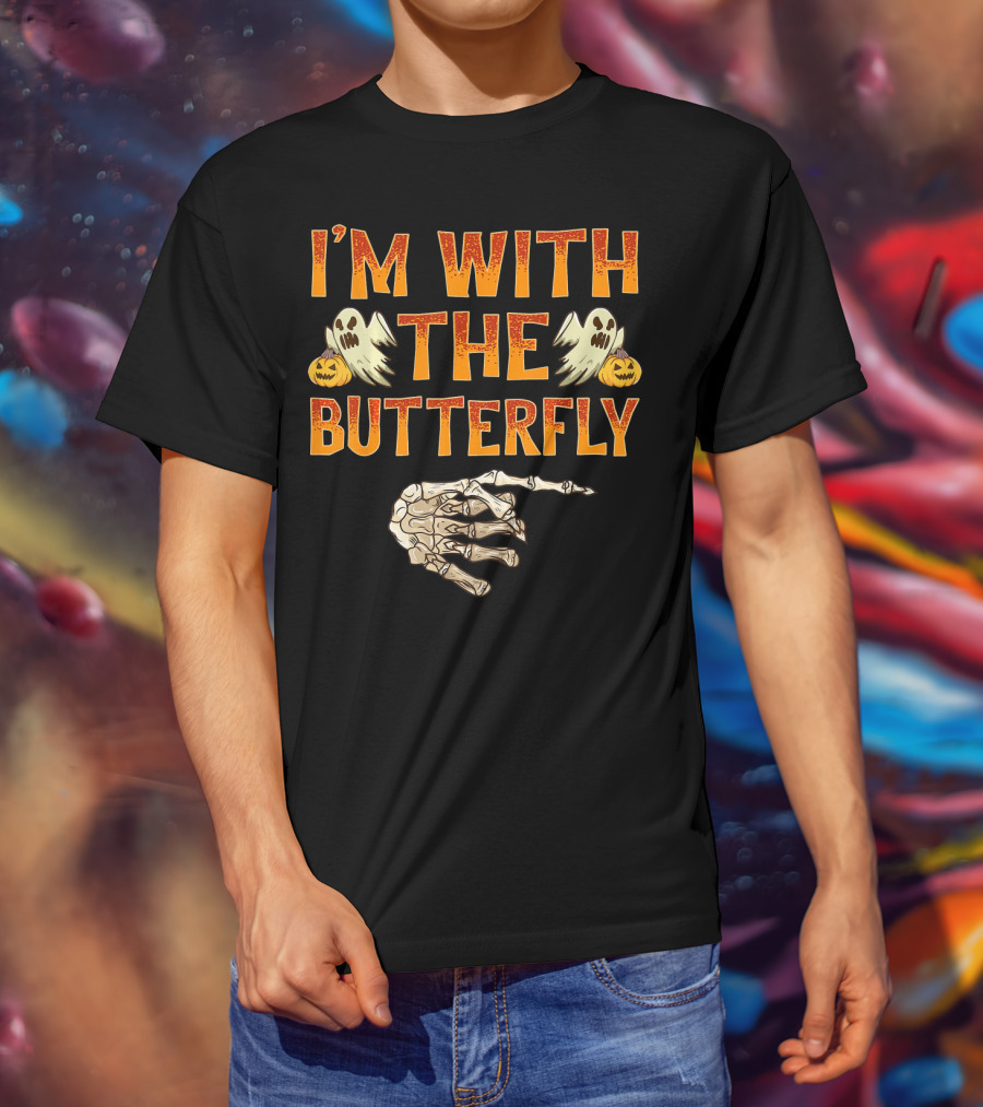 I'm With The Butterfly Ghosts Skeleton Hand Pumpkins T-Shirt