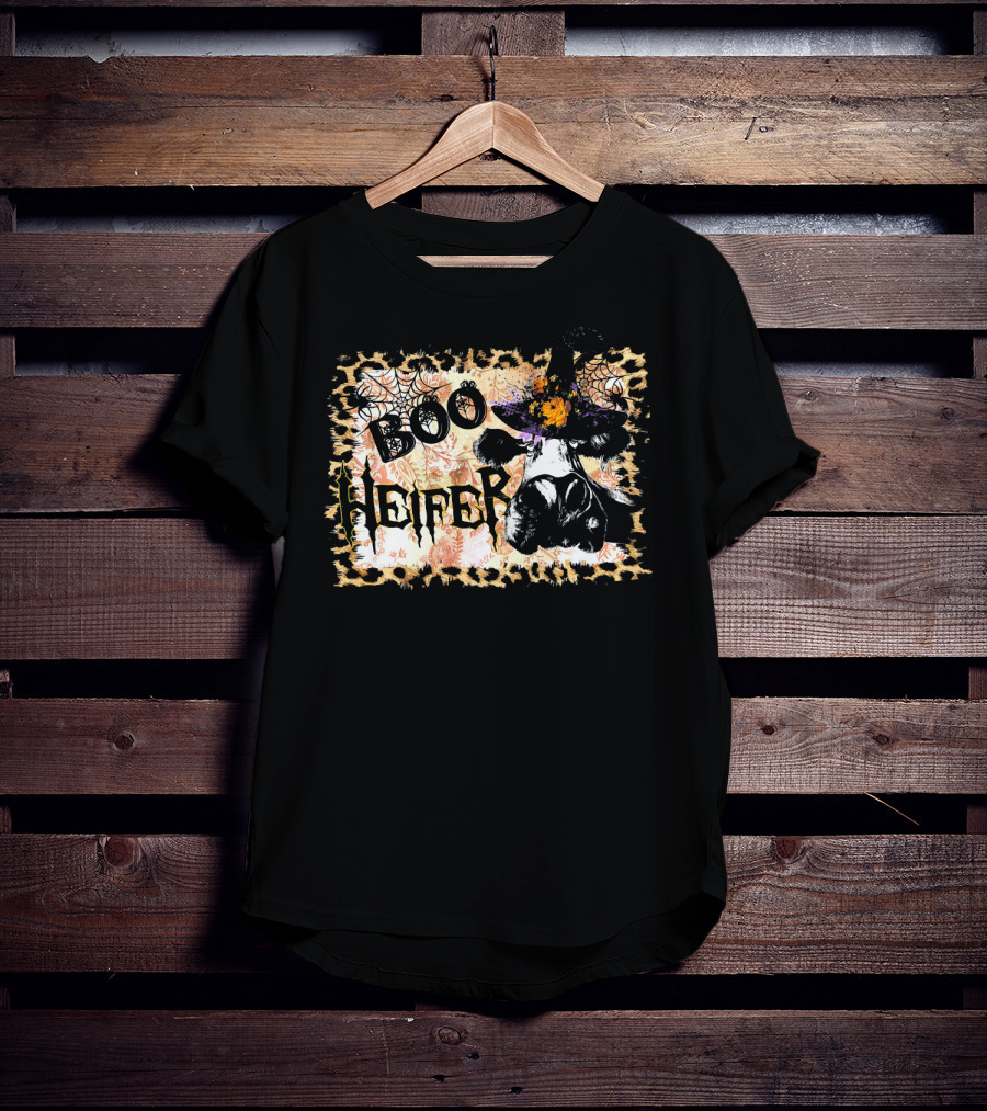 Boo Heifer Halloween Witch Hat Cow With Spider Webs T-Shirt