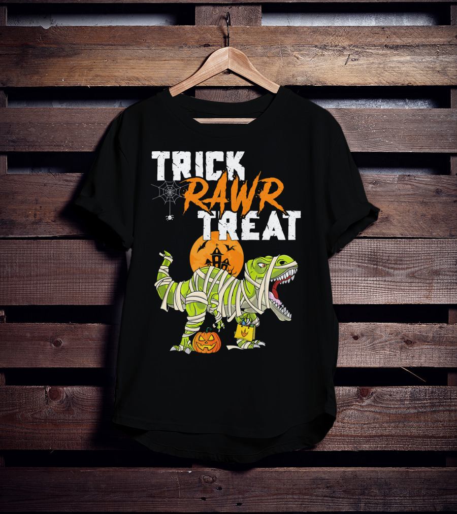 Trick Rawr Treat Dinosaur Mummy Halloween Rex Jack-O'-Lantern T-Shirt