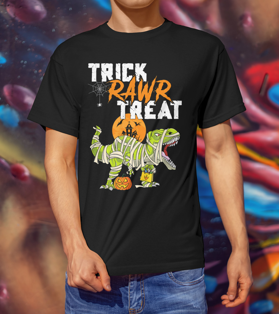 Trick Rawr Treat Dinosaur Mummy Halloween Rex Jack-O'-Lantern T-Shirt