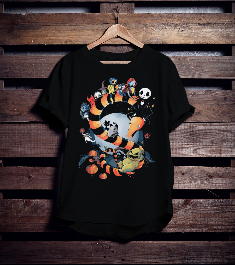Nightmare Before Christmas Characters Riding Sandworm In Moonlit Halloween Scene T-Shirt