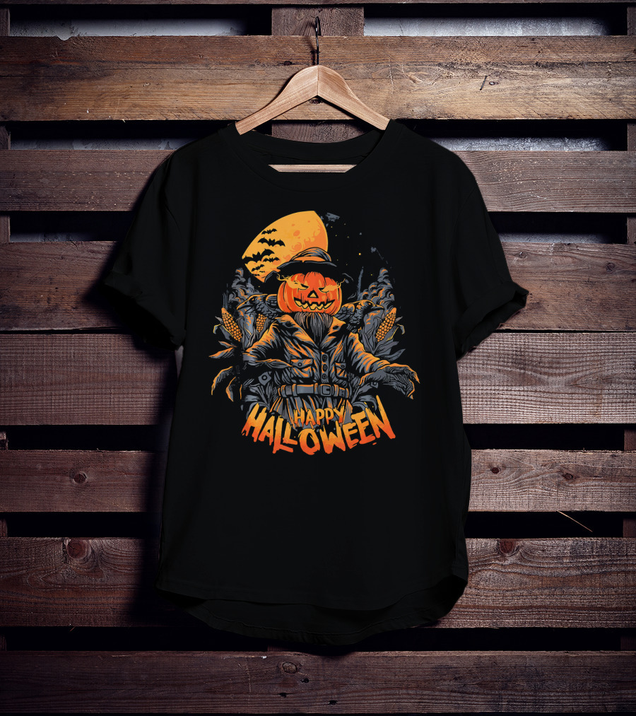 Happy Halloween Scarecrow Pumpkin Moonlit Scene T-Shirt