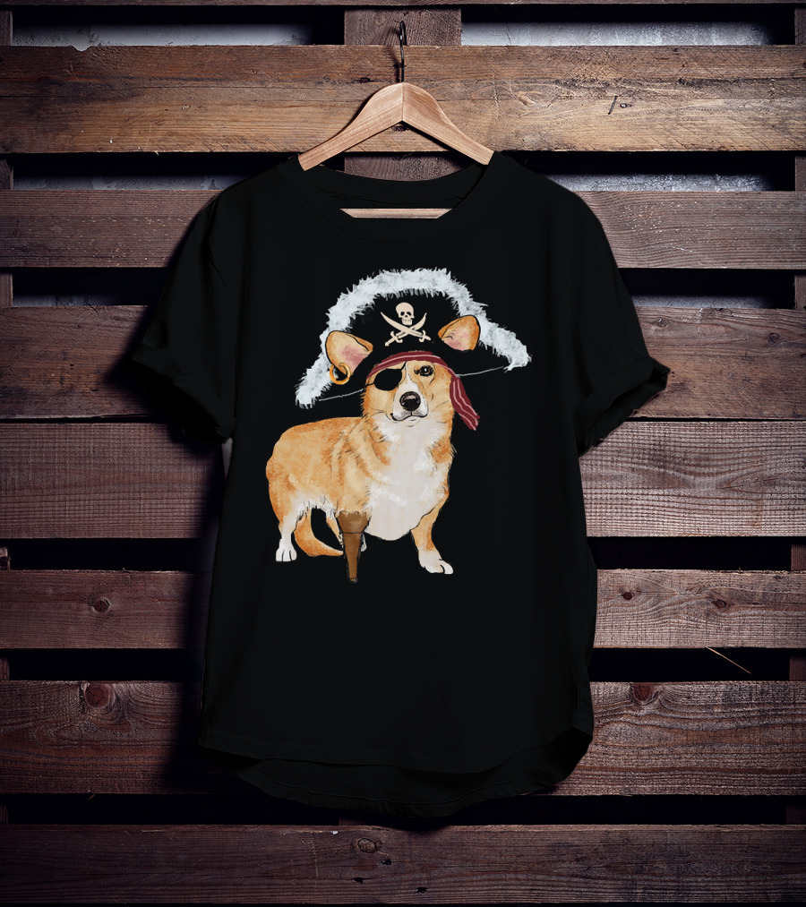 Funny Pirate Corgi Halloween Dog Lovers Skull Eyepatch Hat T-Shirt
