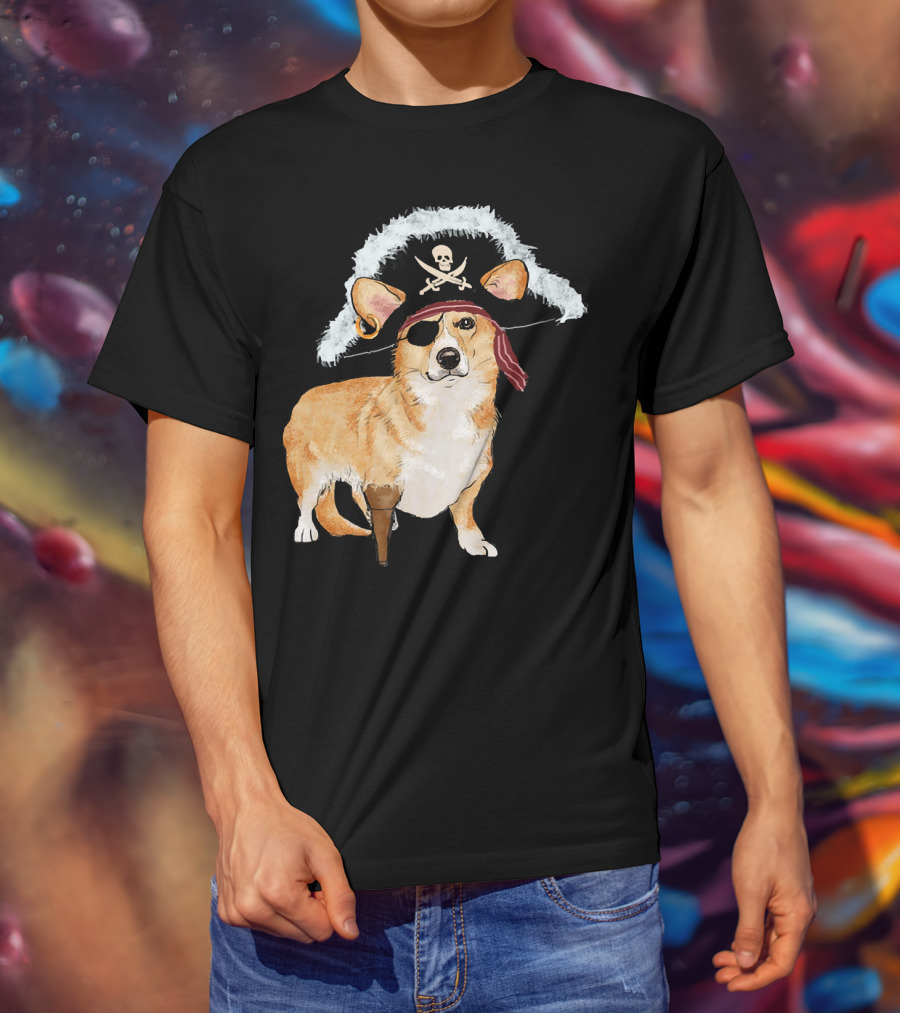 Funny Pirate Corgi Halloween Dog Lovers Skull Eyepatch Hat T-Shirt