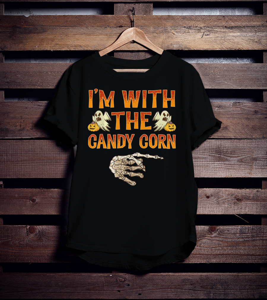 I'm With The Candy Corn Halloween Skeleton Hand Ghosts Pumpkins T-Shirt