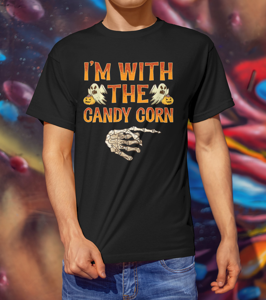 I'm With The Candy Corn Halloween Skeleton Hand Ghosts Pumpkins T-Shirt