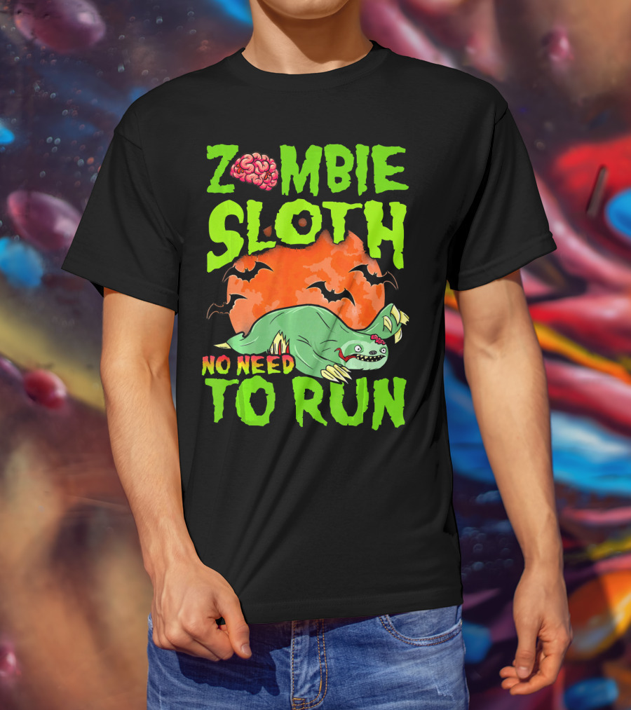 Zombie Sloth No Need To Run Halloween Brain Bats T-Shirt