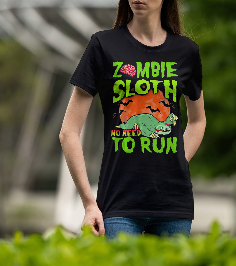 Zombie Sloth No Need To Run Halloween Brain Bats T-Shirt