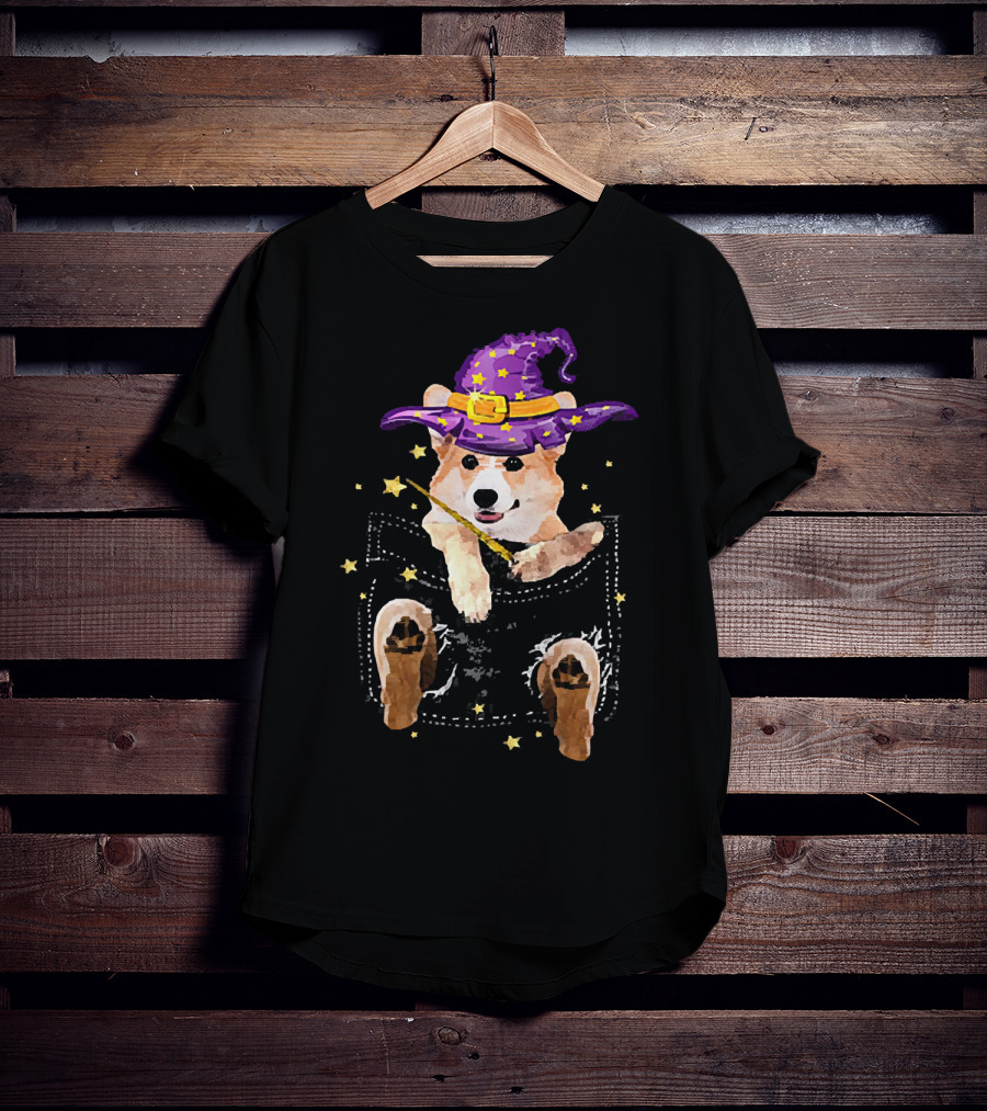 Corgi Witch Hat Starry Pocket Magic Wand Corgi T-Shirt