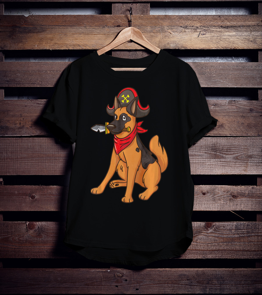 Pirate German Shepherd With Red Bandana And Hat For Halloween T-Shirt