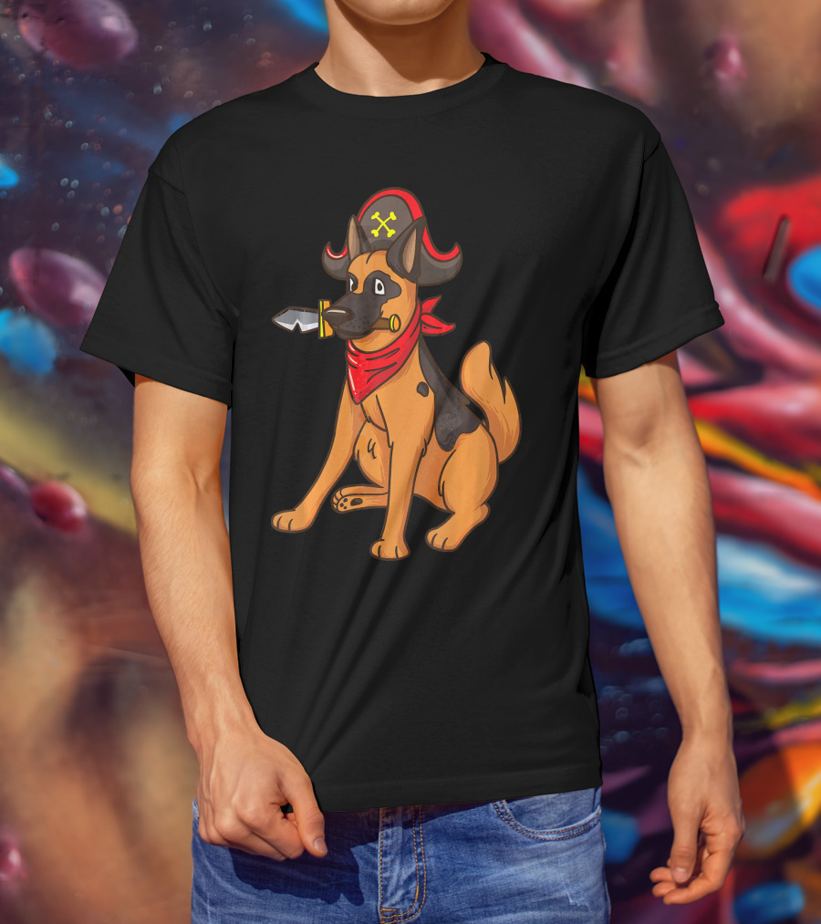 Pirate German Shepherd With Red Bandana And Hat For Halloween T-Shirt