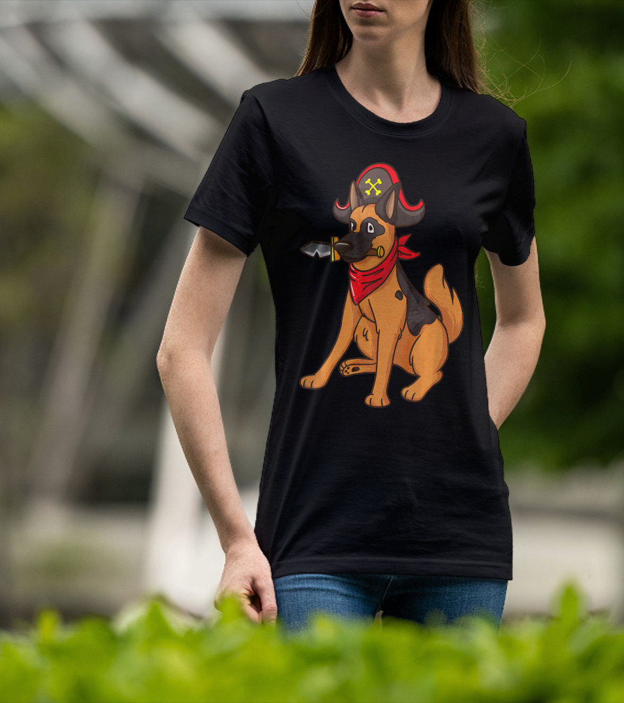 Pirate German Shepherd With Red Bandana And Hat For Halloween T-Shirt