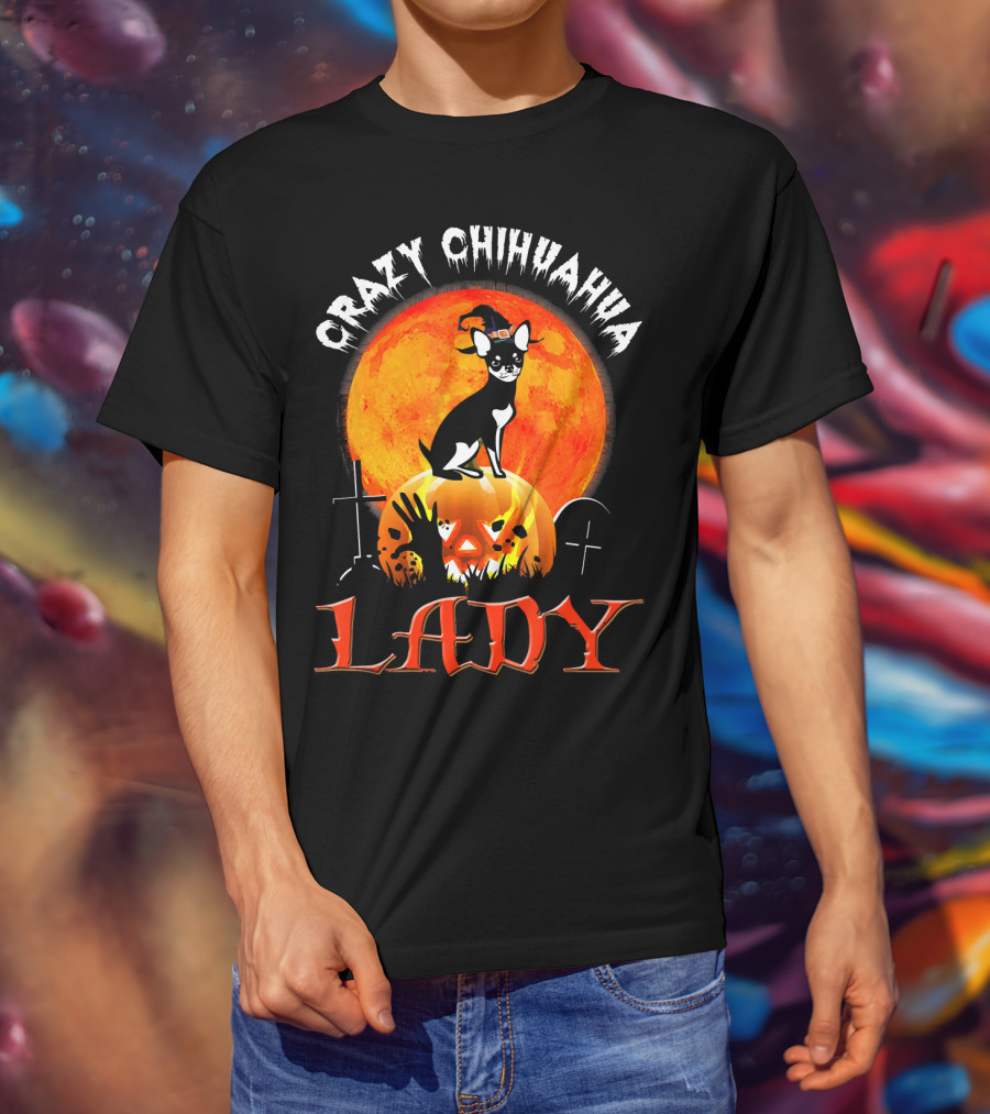 Crazy Chihuahua Lady Halloween Pumpkin Moon T-Shirt
