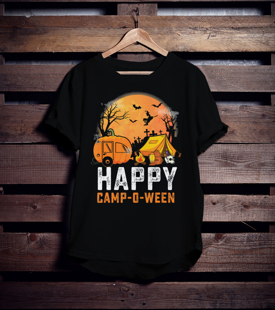 Funny Happy Camp O Ween Camping Halloween Scene With Pumpkin Caravan And Tent T-Shirt