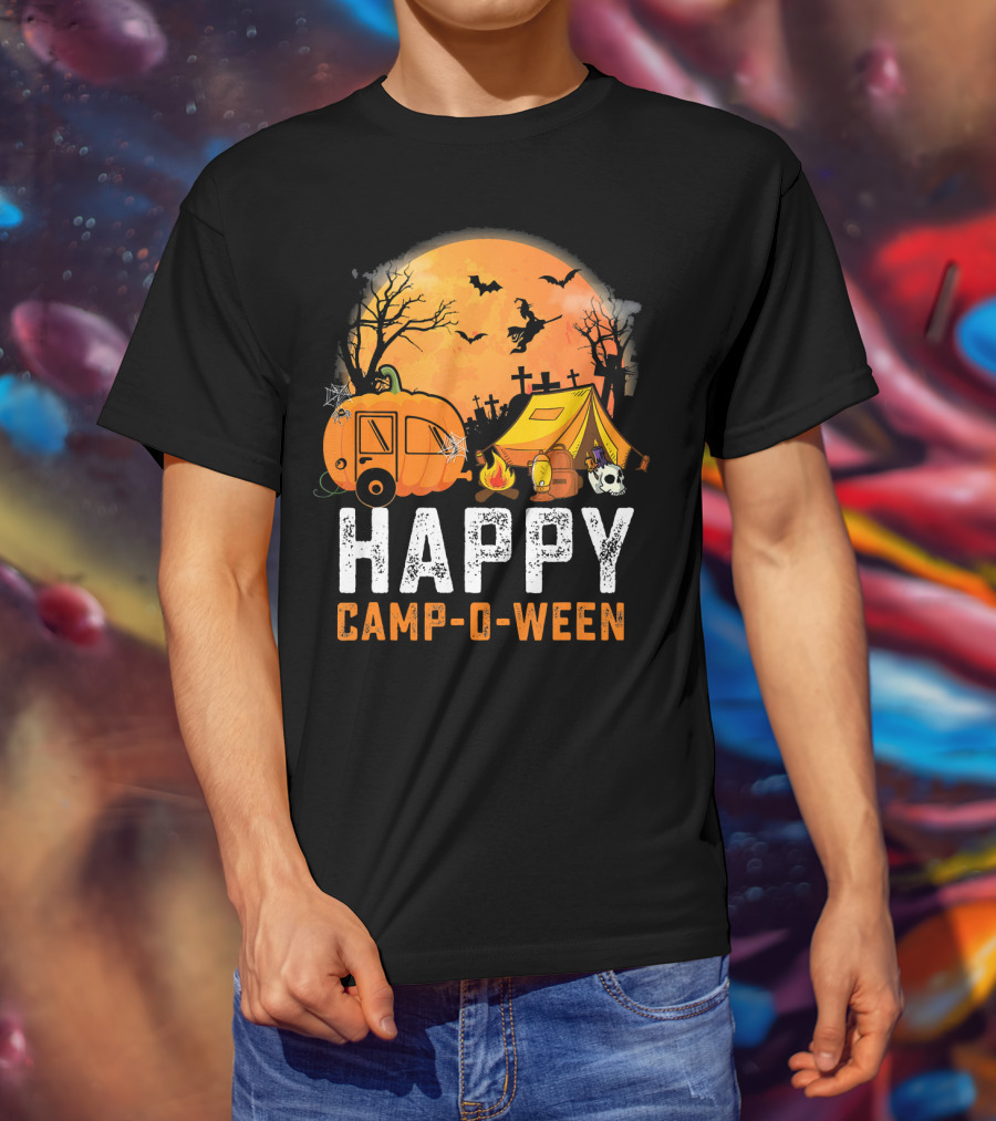 Funny Happy Camp O Ween Camping Halloween Scene With Pumpkin Caravan And Tent T-Shirt