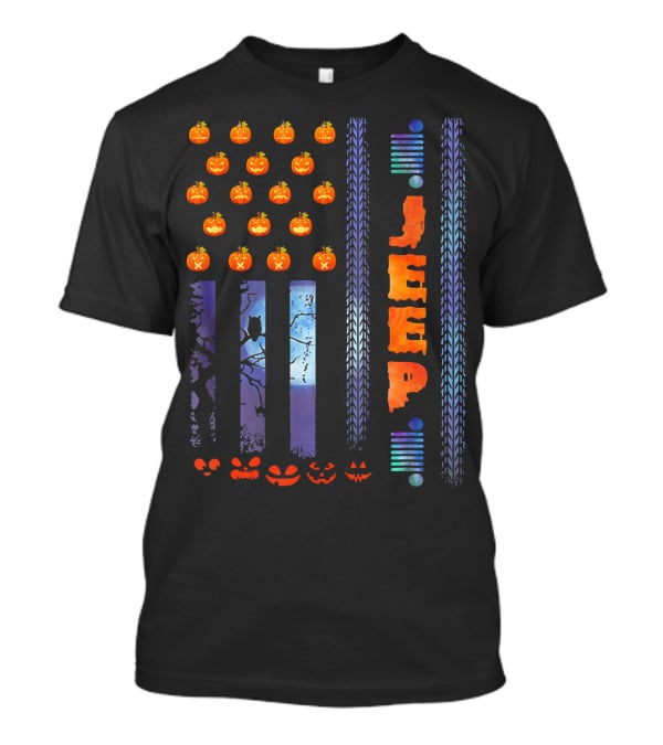 Jeep Halloween Pumpkin USA Flag With Tire Tracks And Spooky Jack-o-Lanterns T-Shirt