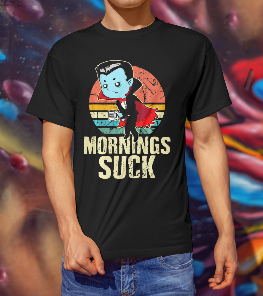 Mornings Suck Cute Funny Vampire With I Hate Mornings Coffee Cup T-Shirt