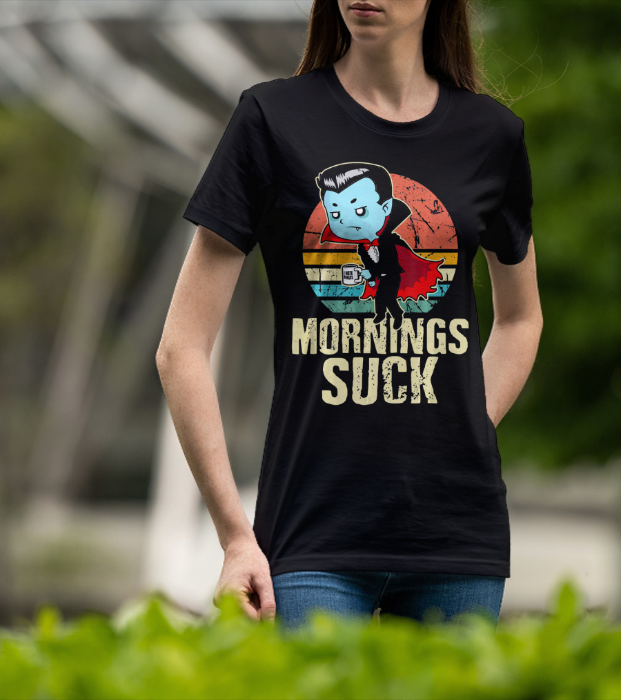 Mornings Suck Cute Funny Vampire With I Hate Mornings Coffee Cup T-Shirt