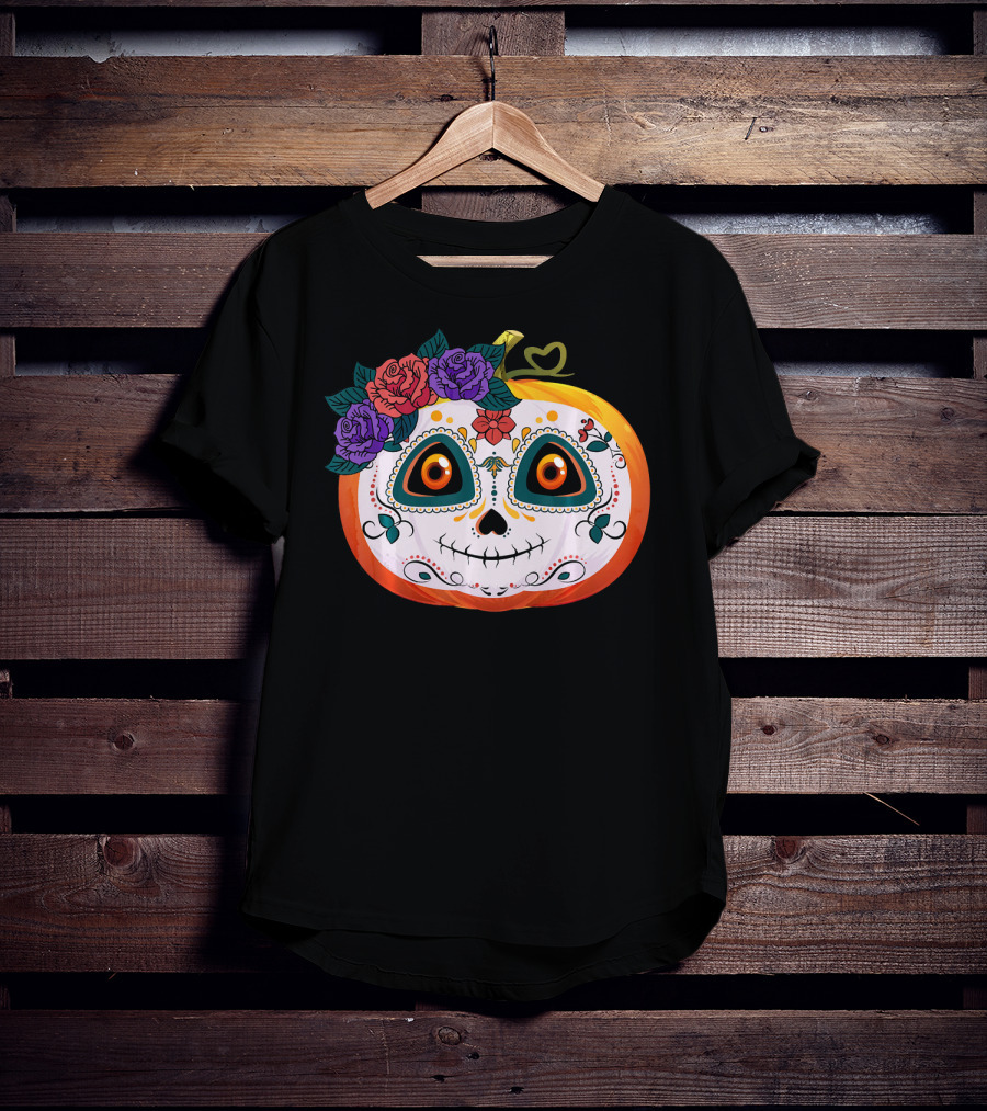Pumpkin Floral Sugar Skull Jack O Lantern With Flowers T-Shirt