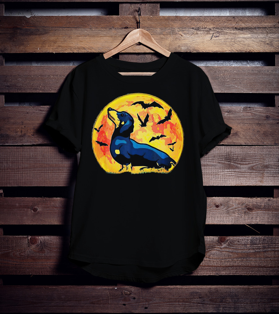 Dachshund Halloween Moon With Flying Bats T-Shirt