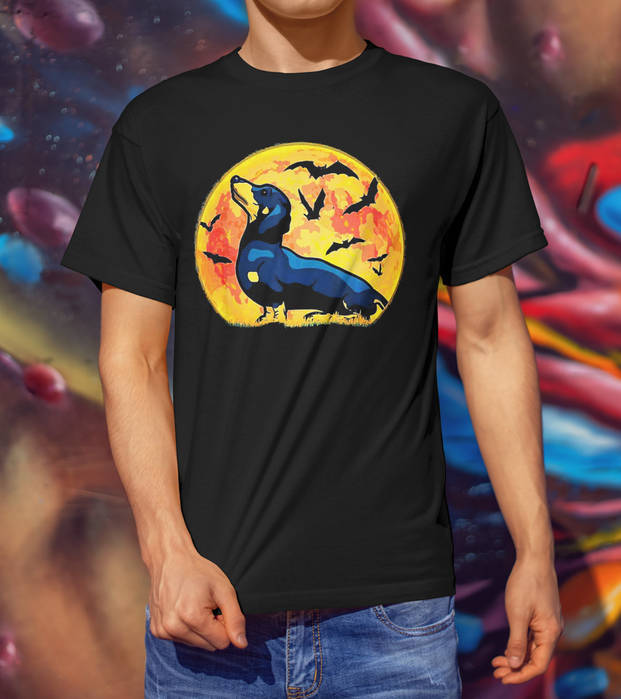 Dachshund Halloween Moon With Flying Bats T-Shirt