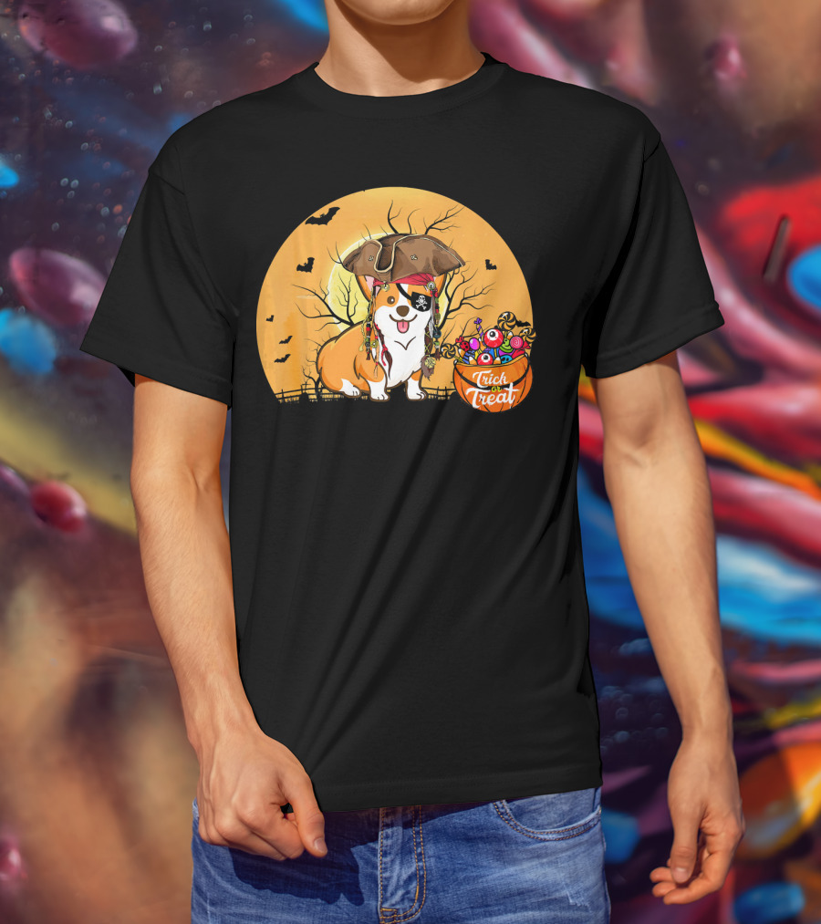 Trick Or Treat Pirate Corgi Halloween Scene With Candy Bowl And Bats T-Shirt
