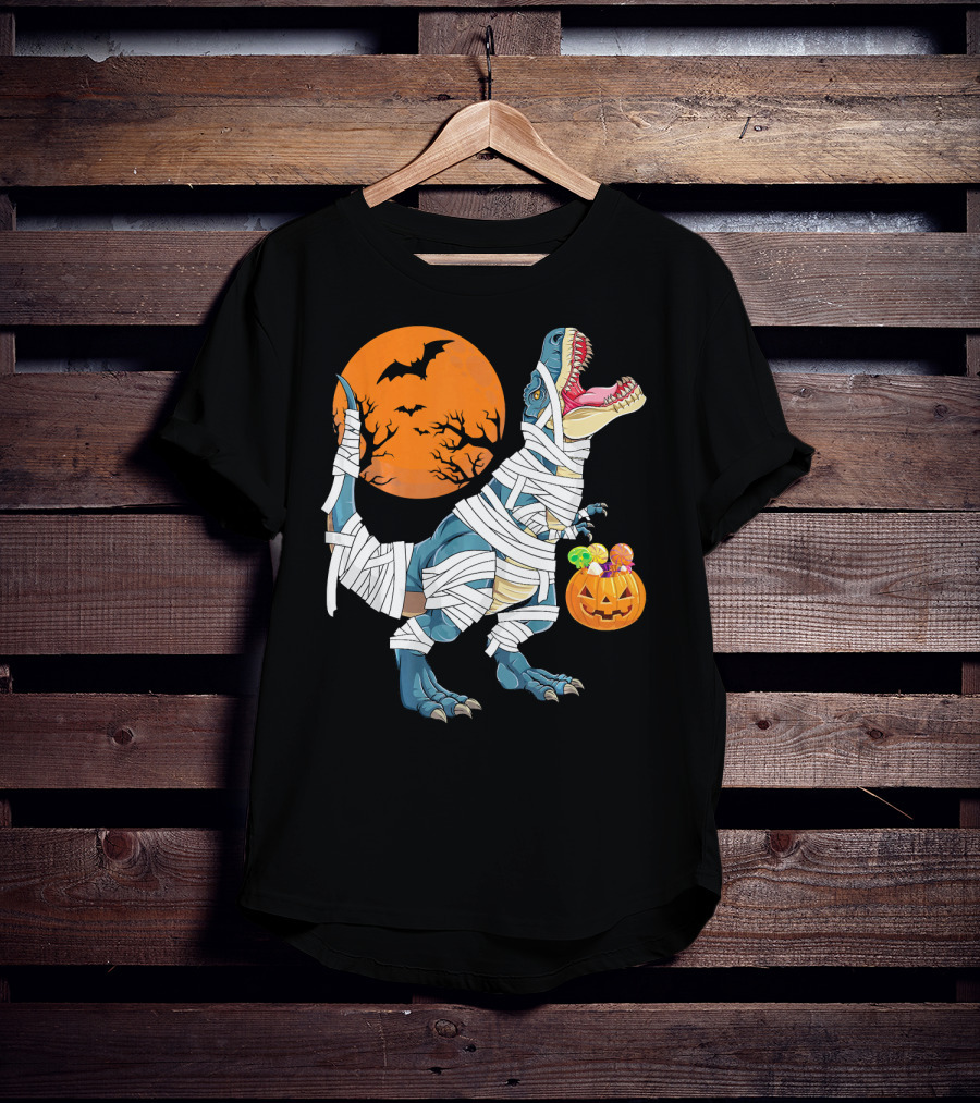 Halloween Dino Girls Kids Mummy Dinosaur Bats Pumpkin Moon T-Shirt