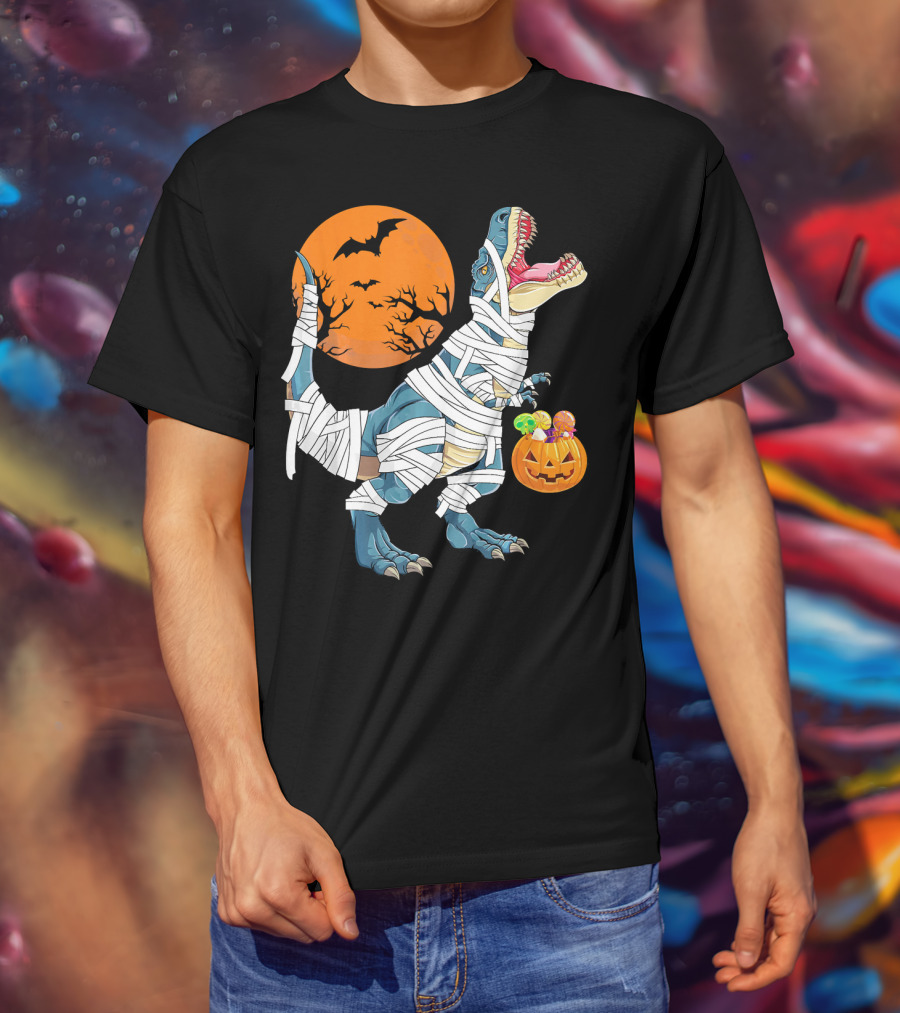 Halloween Dino Girls Kids Mummy Dinosaur Bats Pumpkin Moon T-Shirt