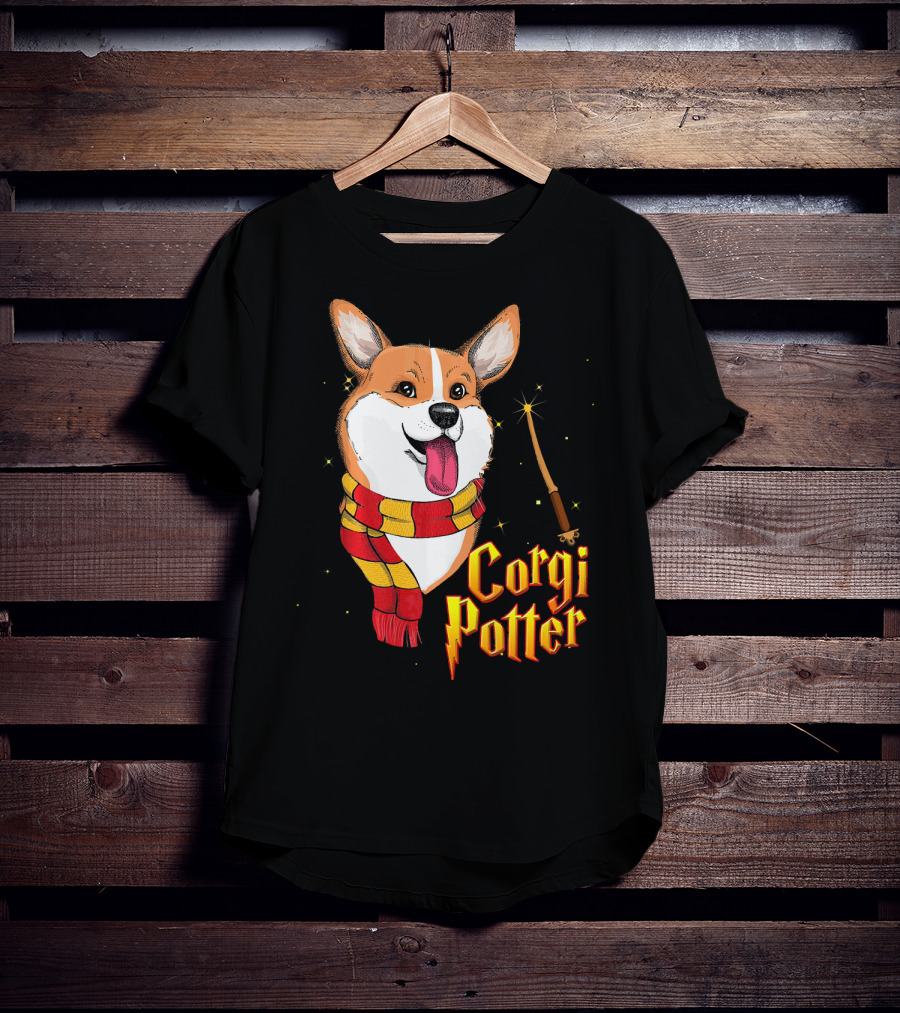 Corgi Potter Cute Harry Pawter Dog With Scarf And Wand T-Shirt