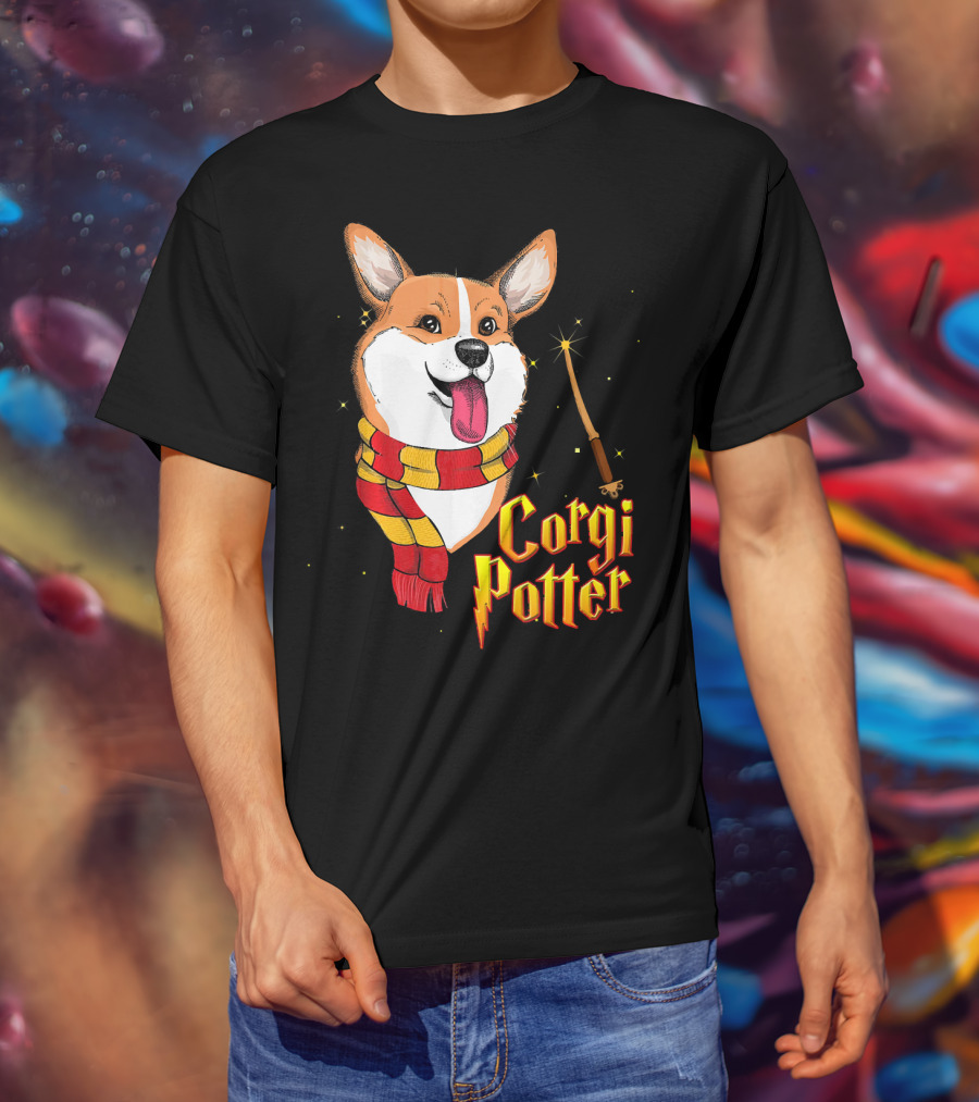 Corgi Potter Cute Harry Pawter Dog With Scarf And Wand T-Shirt