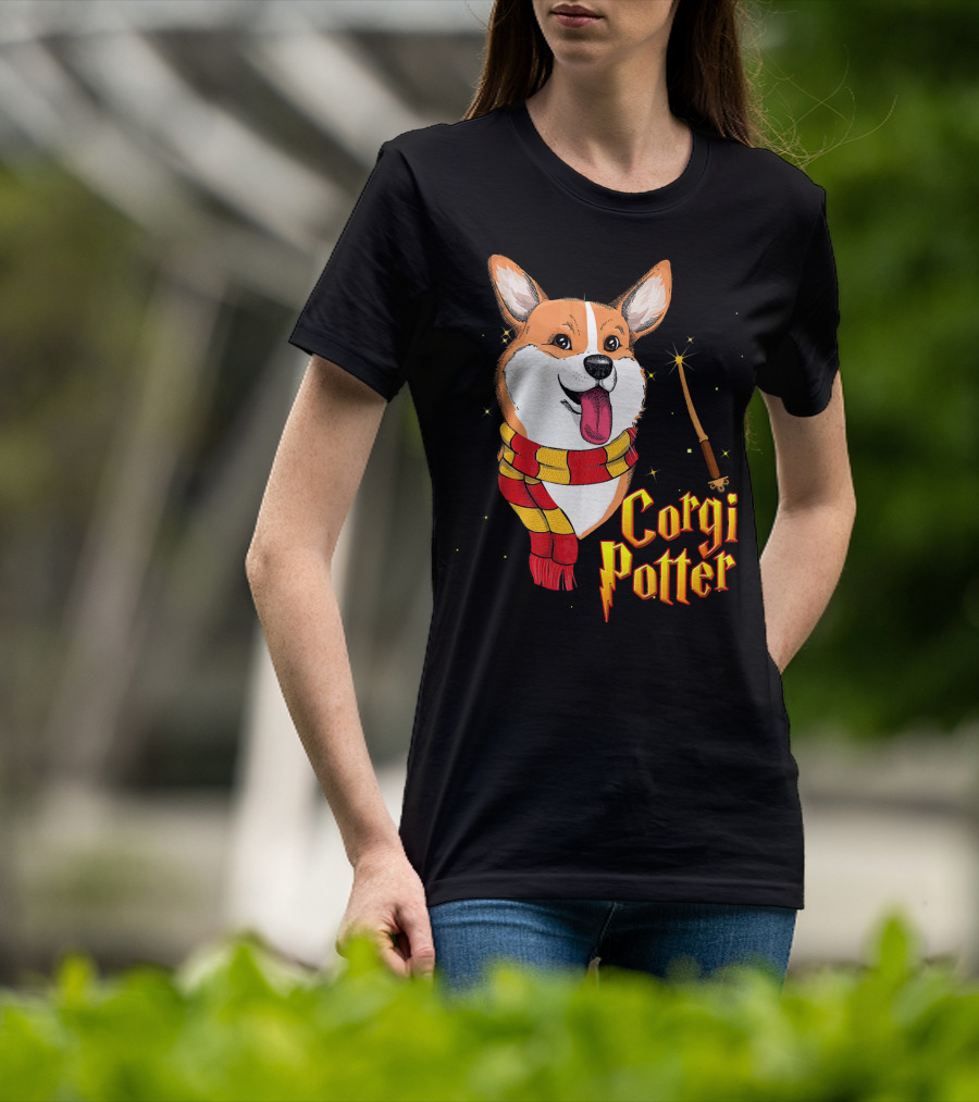 Corgi Potter Cute Harry Pawter Dog With Scarf And Wand T-Shirt
