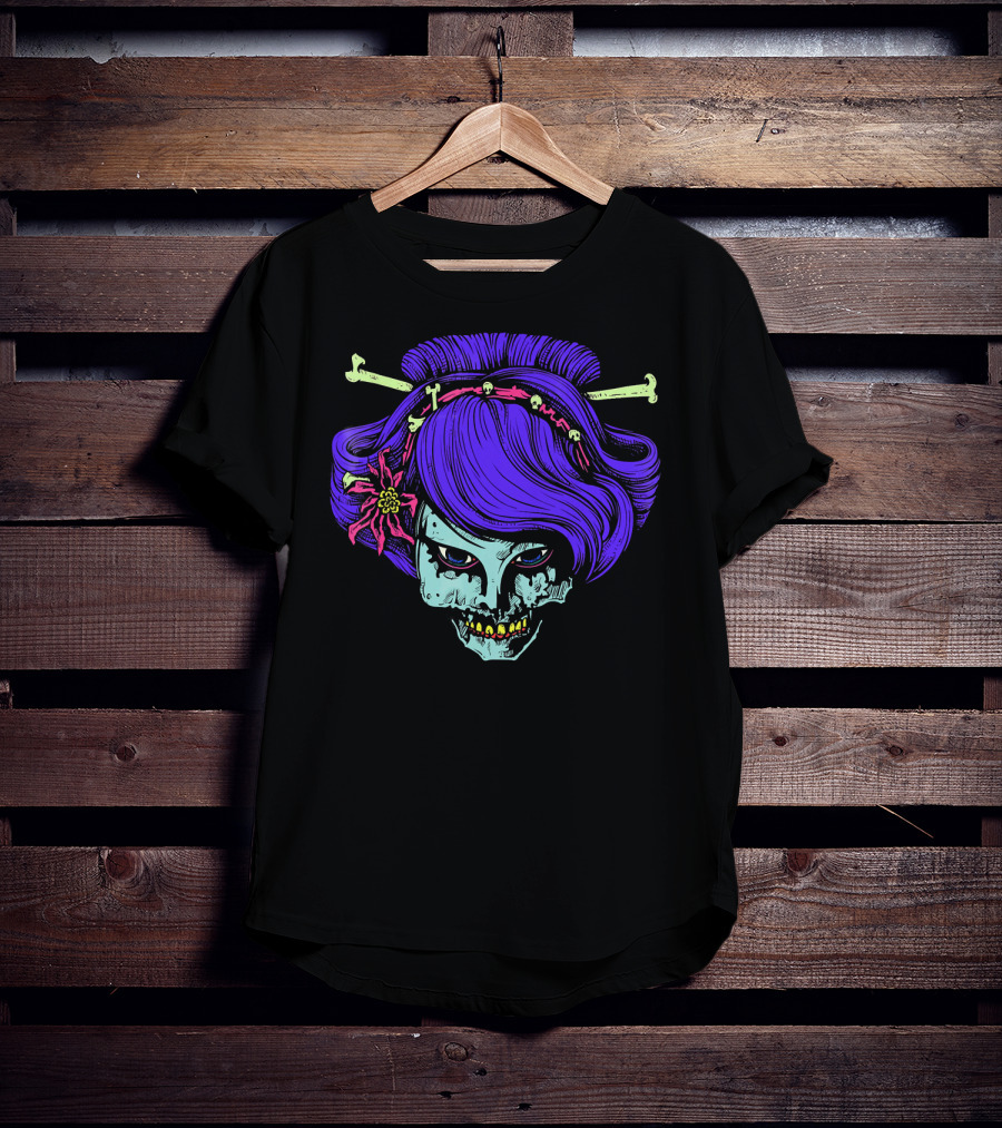 Zombie Geisha Skull With Purple Hair And Bone Hairpins T-Shirt