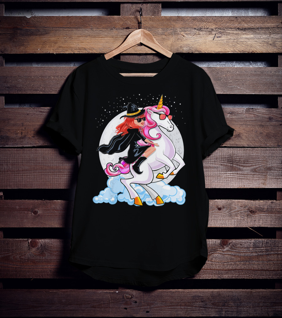 Halloween Witch Riding A Unicorn In Front Of Full Moon T-Shirt
